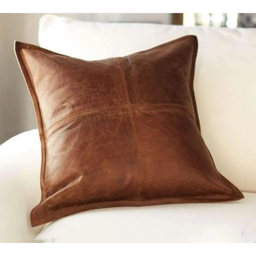 Handcrafted Brown Genuine Leather Pillow Cover – Premium Soft Leather Cushion Case for Rustic, Modern, and Luxury Home Decor – Perfect Accent for Living Room, Bedroom, or Office