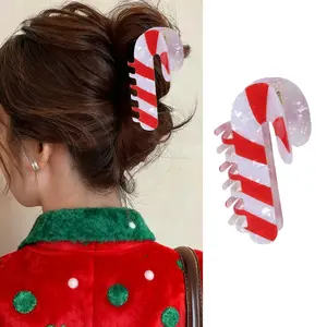 Christmas Hair Claw Clips Candy Canes Hair Clip Acetate Nonslip Hair Barrettes White Red Crutch Design Acrylic Hair Accessories Winter Holiday Strong Hold Jaw Clip  Women Girls Hair Decorations
