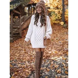 Cozy cable knit sweater dress-soft, casual, solid-colored, long sleeve, comfortable, relaxed fit, women's winter clothing, everyday wear, office lady style