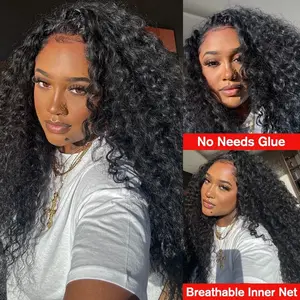 [3 IN 1 Half Wig] Glueless Half Curly Wig Human Hair Deep Wave 3 IN 1 Half Wigs Ready to Wear Kinky Curly Human Hair Wigs Invisible Hairline With Drawstring Seamless Wig