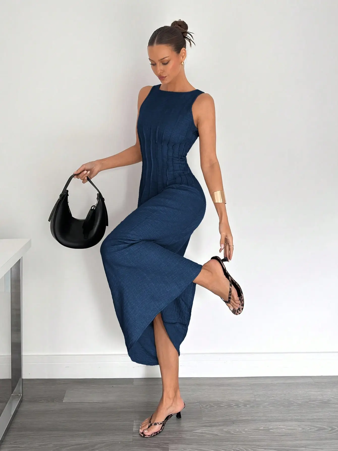 Women's Sleeveless Waist Pleated A-Line Long Dress - Minimalist Imitation  Linen Maxi Dress, Flowy Business Casual Attire for Work & Everyday Wear -  TikTok Shop