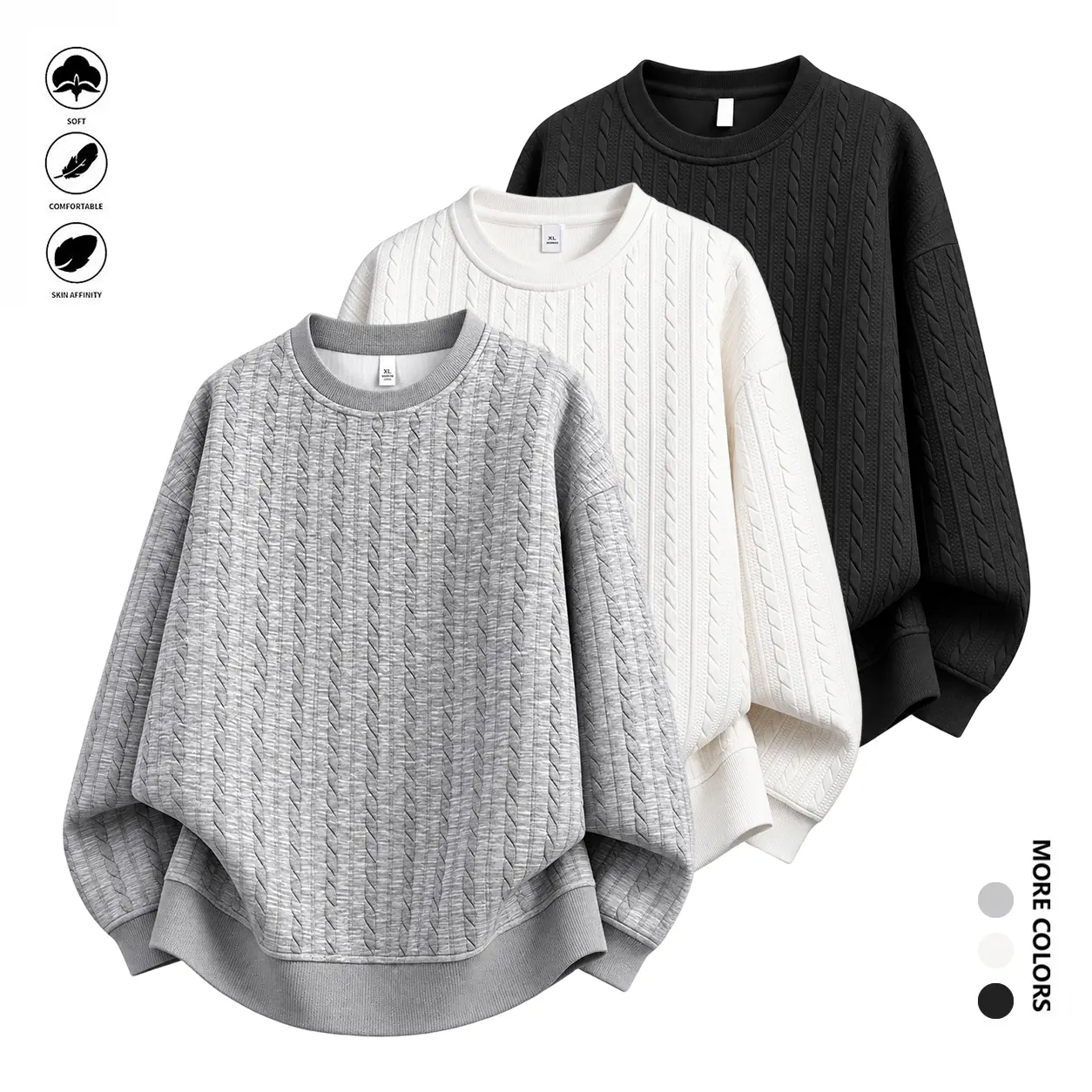 Menswear Oversized Cable-Knit Sweatshirt - Unisex Plain All-Season Embroidered Textured Crewneck Long-Sleeve Casual Streetwear Knitwear Pullover