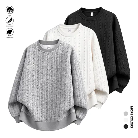 Menswear Oversized Cable-Knit Sweatshirt - Unisex Plain All-Season Embroidered Textured Crewneck Long-Sleeve Casual Streetwear Knitwear Pullover