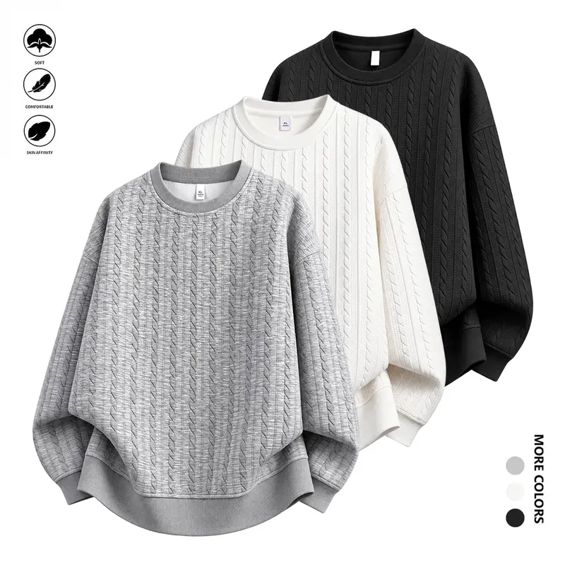 Menswear Oversized Cable-Knit Sweatshirt - Unisex Plain All-Season Embroidered Textured Crewneck Long-Sleeve Casual Streetwear Knitwear Pullover