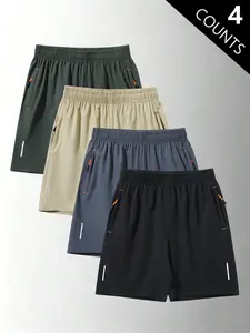4-Pack Men’s Summer Ice Silk Lightweight Breathable Knee-Length Shorts — Trendy High Street/Street Style Casual Loose Fit, Versatile Running & Fitness Shorts for Men