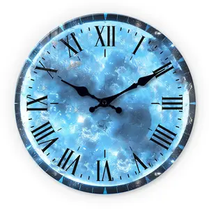 Blue Thick Tempered Glass Wall Clock with Ice Crystal Texture, Silent Operation 12-14 Inch Battery Powered Clock for Home Office and Events