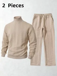 Men's 2-piece knitted sportswear set -, high-neck sweater and drawstring trousers combination, soft and warm knitted clothing for spring, suitable for casual, business and daily wear, elegant texture autumn and winter home set, Textured Sweatsuit