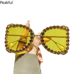 Viral Crystal Embellished Square Sunglasses, Yellow Oversized Pearl Accent Shades, Retro Glam Rhinestone Party Eyewear, lightweight metal frame & eye-catching sparkle, ideal for summer raves, night events, concert looks and standout vacation accessories