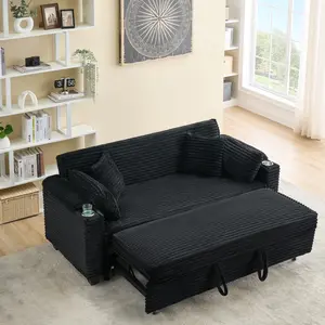 Black Striped Plush Convertible Sleeper Sofa with Cup Holders, Modern Upholstered Loveseat Couch for Living Room Small Space