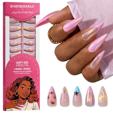 BTArtboxnails x LongHairPrettyNails Press On Nail Sets - 32 Pcs, 5 Cute Floral Options, Square, Almond, Oval, Stiletto Shapes for Nail Art Decoration, Flower Design Nails