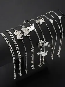 Women Butterfly Design Heart Anklet Set, 8-Piece Simple Fashion Jewelry, Gift Ready Perfect Gift for Parties & Daily Wear, Ideal for Dating & Vacation