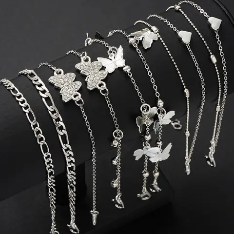 Women Butterfly Design Heart Anklet Set, 8-Piece Simple Fashion Jewelry, Gift Ready Perfect Gift for Parties & Daily Wear, Ideal for Dating & Vacation, Trendy Jewelry, Wearable Jewelry, Jewellery