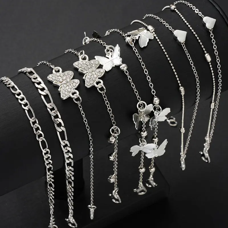 Women Butterfly Design Heart Anklet Set, 8-Piece Simple Fashion Jewelry, Gift Ready Perfect Gift for Parties & Daily Wear, Ideal for Dating & Vacation, Trendy Jewelry, Wearable Jewelry, Jewellery
