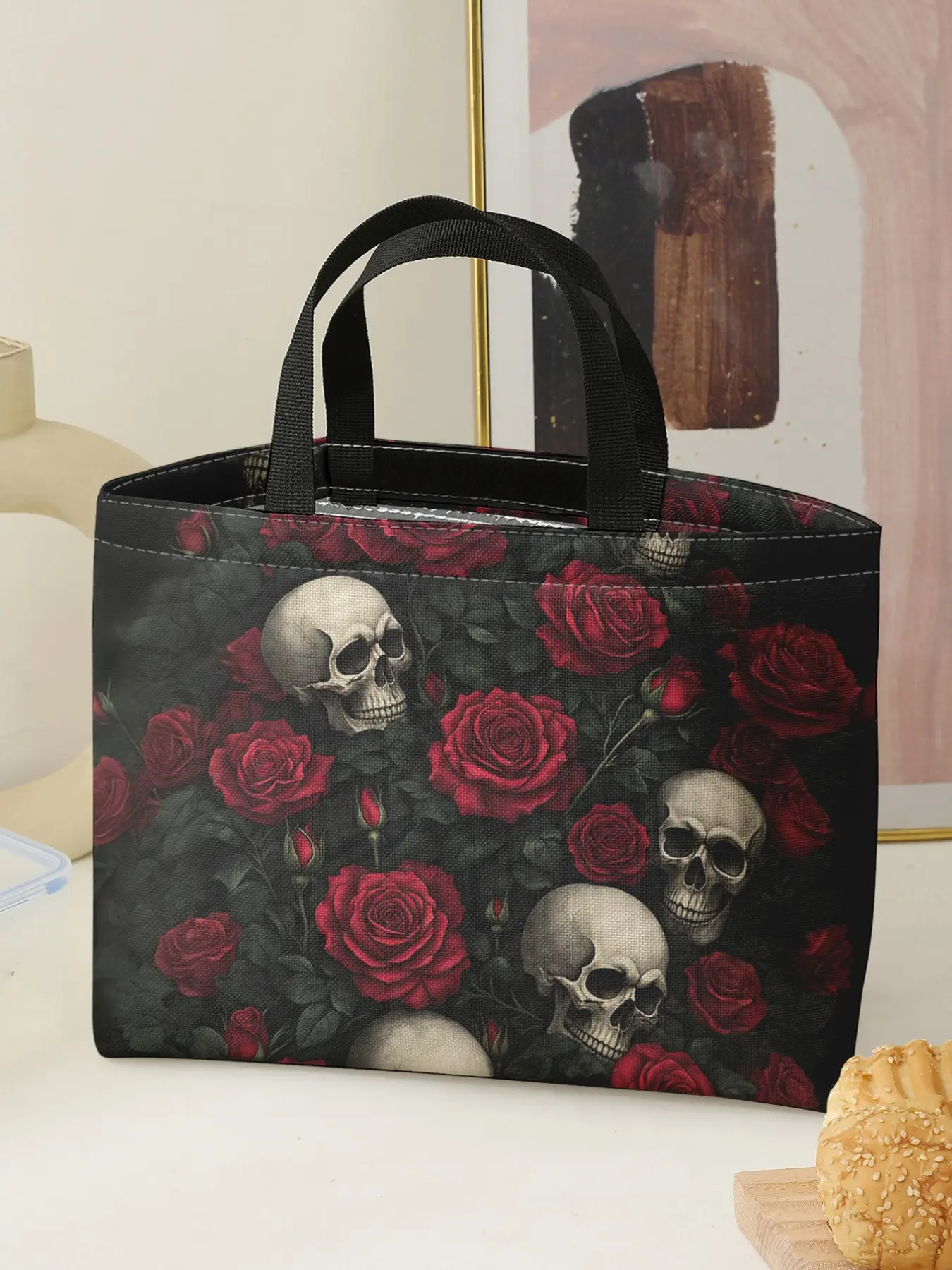 Rose Skull Pattern Handbag Portable Reusable Lunch Bag, Lunch Bags Women, Casual Women's Tote for Camping, Large Capacity Picnic Food Carrier