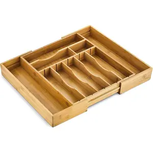 2.5" Extra Deep Silverware Drawer Organizer with Adjustable Dividers - Expandable Bamboo Flatware Tray for Kitchen, Reinforced Wood Cutlery Holder (14"-21.6" Wide)