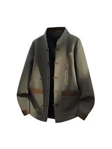 1 PC Men's Fall/Winter Fashion Short Lapel Chinese Character "Sacrifice" Pattern Printed New Chinese Style Collar and Cuff Design Long Sleeve Coat Slim and Comfortable, With Drawstring and Pockets