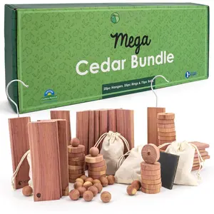 Cedar Blocks for Clothes Storage Mega Bundle Box - Cedar Hangers x20, Balls x75 & Rings x55-  Oil Planks & Chips for Closets & Drawers - Aromatic Red Cedar  with Sandpaper