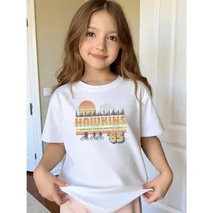 Young Girl's Retro Hawkins '85 Cotton Round Neck T-Shirt, Stranger Style Upside Down Things Tee, In A World Full Of Tens Be An Eleven Shirt, White Tee With Biking Silhouettes & Forest Sunset, Sci-Fi Christmas Fans Top, Soft Breathable Cotton Short Sleeve