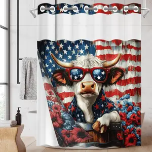 1PC 2D Flat Patriotic Highland Cow Sunglasses Shower Curtain, Star Spangled Banner Highland Cow Design, Waterproof Detachable Liner Bathroom Curtain (No Hooks)