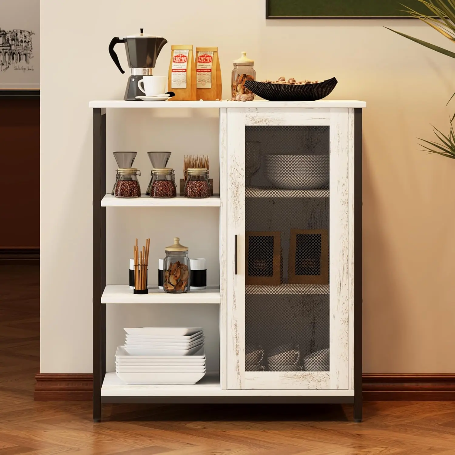 Mini Coffee Bar Cabinet with Storage, 27.5'' Small Kitchen Bar Table, Cute Corner Bar Cabinet for , Buffet Sideboard Cabinet for Dining Room, Farmhouse Coffee Station for  (White)