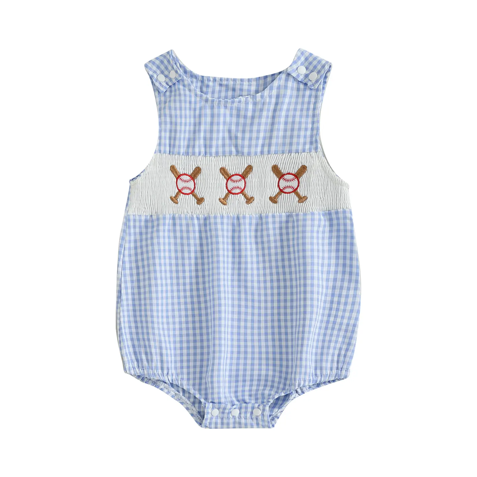 Baby Girl Boy Summer Clothes Infant Baseball Outfit Newborn Bubble Smocked Romper Soft Plaid Baseball Embroidery Onesize Sleeveless Toddler Bodysuit
