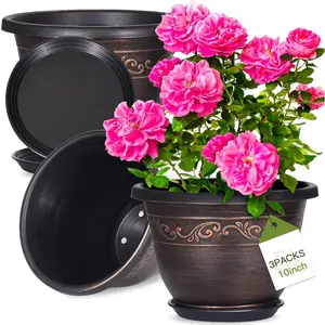 Plastic--Flower-Planters-10 Inch with Drainage Hole & Saucer, 3 Packs Lightweight Small  Flower Pot Indoor Outdoor, Retro Antique Imitation Decorative Garden Containers Sets for Houseplants