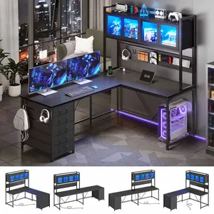 SIKAIC 62-Inch LED L-Shape Computer Armoire, Modern Black Corner Office Workstation with Reversible Design, Charging Station, Power Outlets, and Storage Drawers, L-Shape Computer Armoires