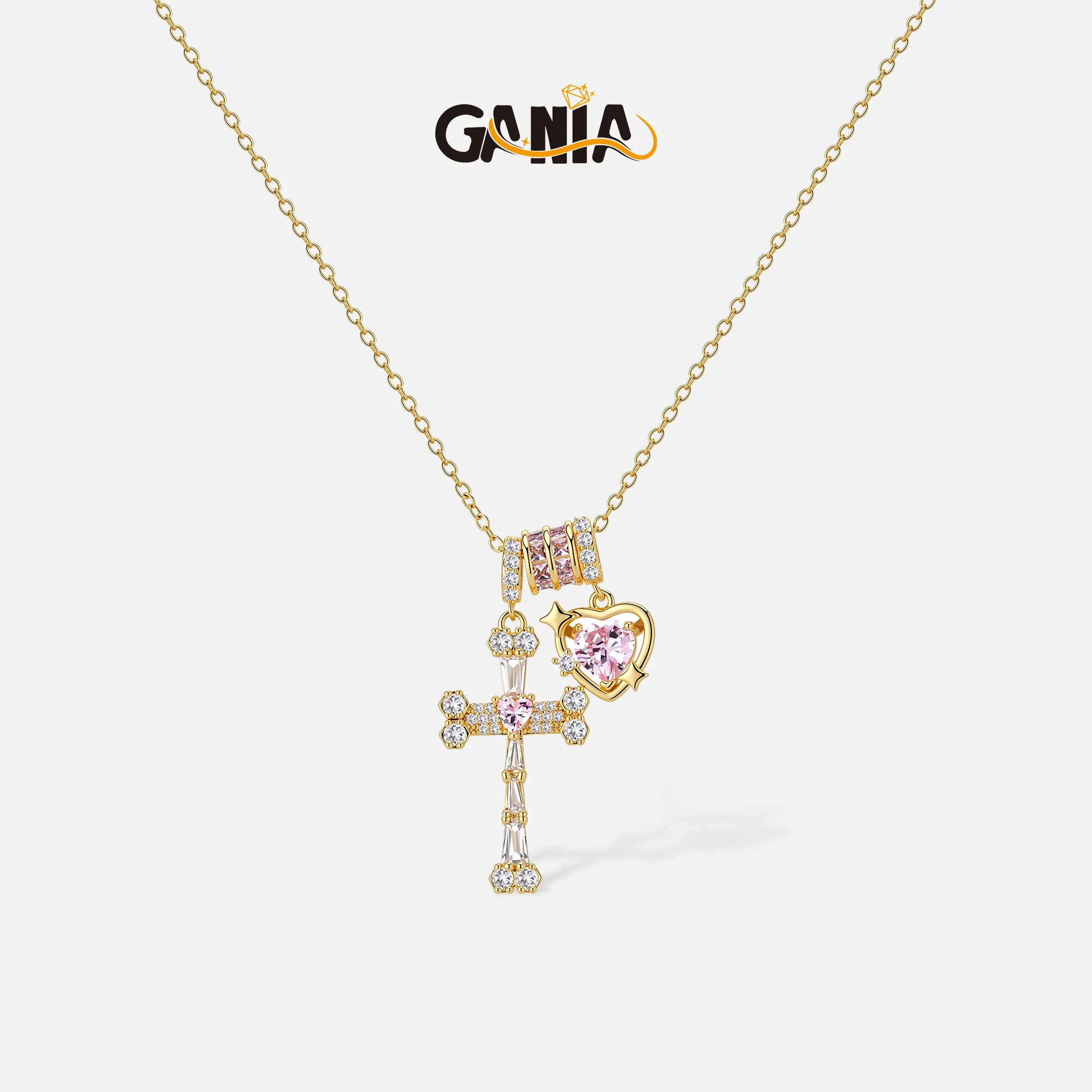 GANIA Holy Love 18K Gold-Plated Cross Engraved with Pink Heart Necklace, Christian Faith Protection Jewelry, Allergen-Resistant and Non-Dyed, Adjustable. Ideal Gift for Birthdays, Anniversaries, Mothers, Sisters, Girlfriends, and Wives