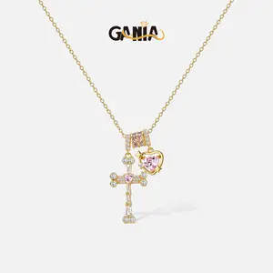 GANIA Holy Love 18K Gold Cross Engraved with Pink Heart Necklace, Christian Faith Protection Jewelry, Allergen-Resistant and Non-Dyed, Adjustable. Ideal Gift for Birthdays, Anniversaries, Mothers, Sisters, Girlfriends, and Wives