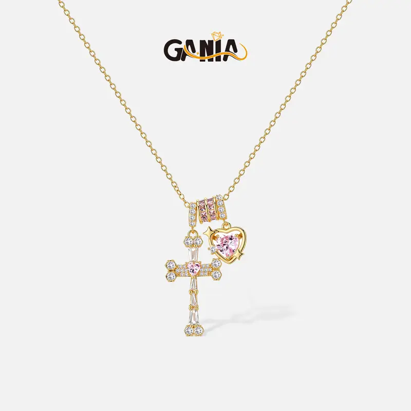 GANIA Holy Love 18K Gold-Plated Cross Engraved with Pink Heart Necklace, Christian Faith Protection Jewelry, Allergen-Resistant and Non-Dyed, Adjustable. Ideal Gift for Birthdays, Anniversaries, Mothers, Sisters, Girlfriends, and Wives