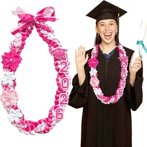 50'' Class of 2026 Double Braided Graduation Ribbon Lei with 4 Satin Flowers, Congrats Money Lei, 2026 Graduation Gifts for High School and College Graduates (Pink)