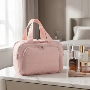 Travel Toiletry Bag for Womne, Hanging Travel Bag for Toiletries, Puffy Makeup Cosmetic Bag Organizer, Carry-on Travel Accessories Essentials, Pink Summervibes