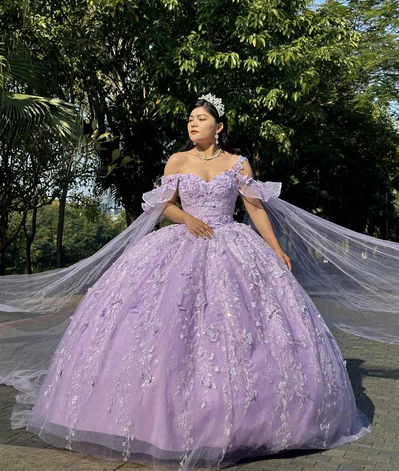 fitted lace wedding dress Dressystars Ball Gown Sweetheart Neck Long Sleeves 3D Butterfly Lace  Appliques Beaded Lavender Tulle Quinceanera Dress For Sweet 16 main image 0