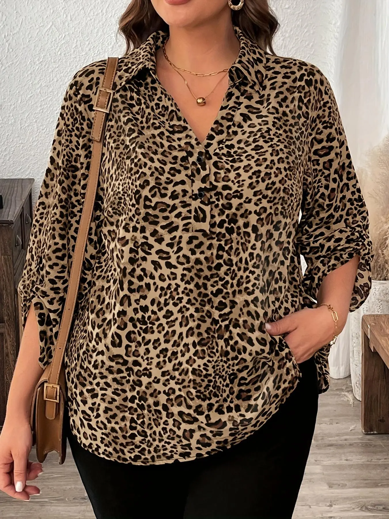 Women's Plus Size Casual Fashion Top Leopard Print Button Seven-Quarter Sleeve Loose Shirt Button Blouse Shirts, Stylish and Comfortable Casual Blouses for Daily Wear