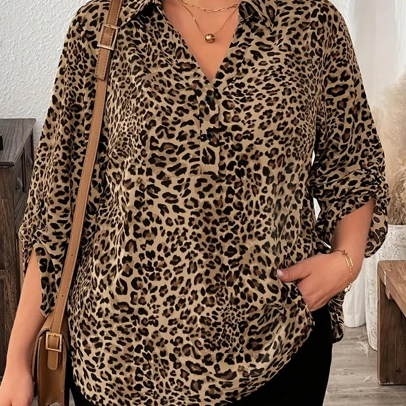 Women's Plus Size Leopard Print Button Seven-Quarter Sleeve Loose Shirt Button Blouse Shirts Loose Tops, Stylish and Comfortable Casual Blouses for Daily Wear