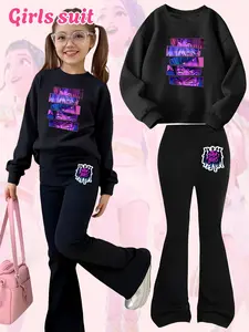 Girls Kpop Demon Hunters Korean Style Saja Boys Cartoon Print Hoodie Sweatshirt & Flared Bell Bottoms Set, Casual Fall Winter