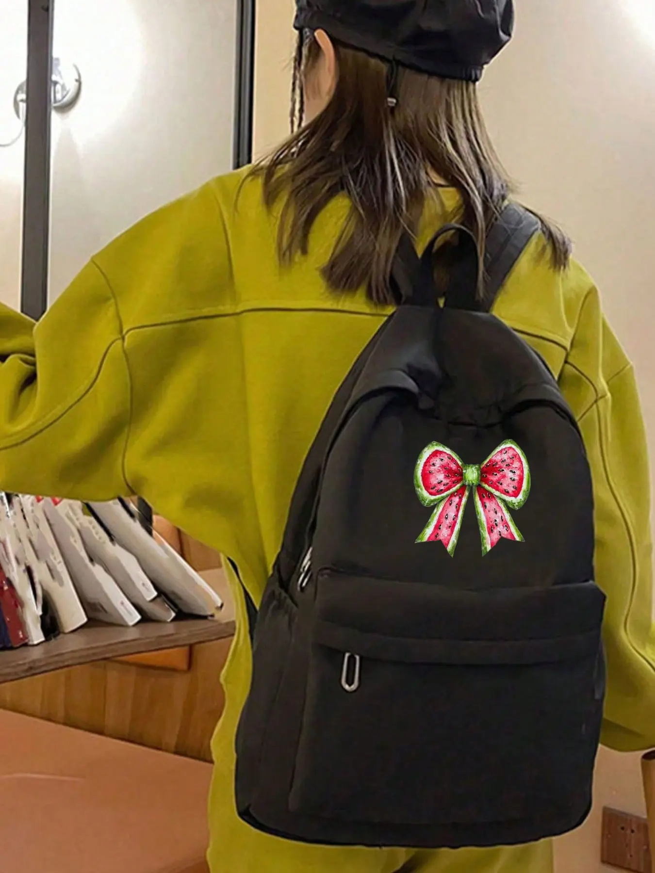 Watermelon Bow Girls Backpack, Large Capacity Laptop Bag, Casual School Backpack, Unisex Teen Backpack, Travel Daily Use, Gift Idea