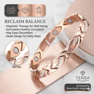 Women's Leaf Shape Gold-Plated Pure Copper Magnetic Bracelet - 3500 Gauss Magnets, Diamond Accents, 21 cm, Hypoallergenic, Medical ID Page, Gift for Fathers (Magnetic Therapy, Outdoor Use)