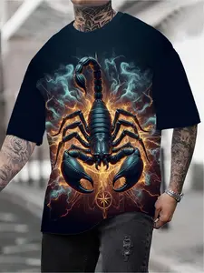 A men's 3D snake pattern knitted T-shirt, A black short-sleeved summer top with vibrant blue and orange flame patterns, a loose round-neck polyester shirt, Casual Print, Streetwear, suitable for showcasing individualistic fashion outfits, Menswear