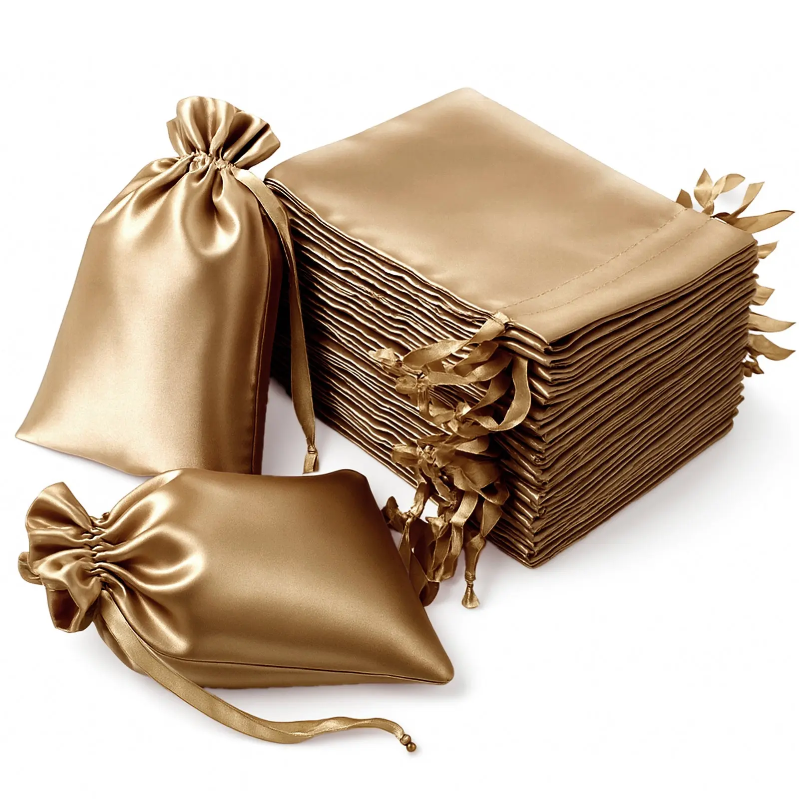 60 Pack Antique Gold Satin Drawstring Gift Bags (6"x9") - Home & Festive Party Supplies for Weddings, Birthdays, Craft Storage, Small Item Organization, Draw String Bag, Birthday
