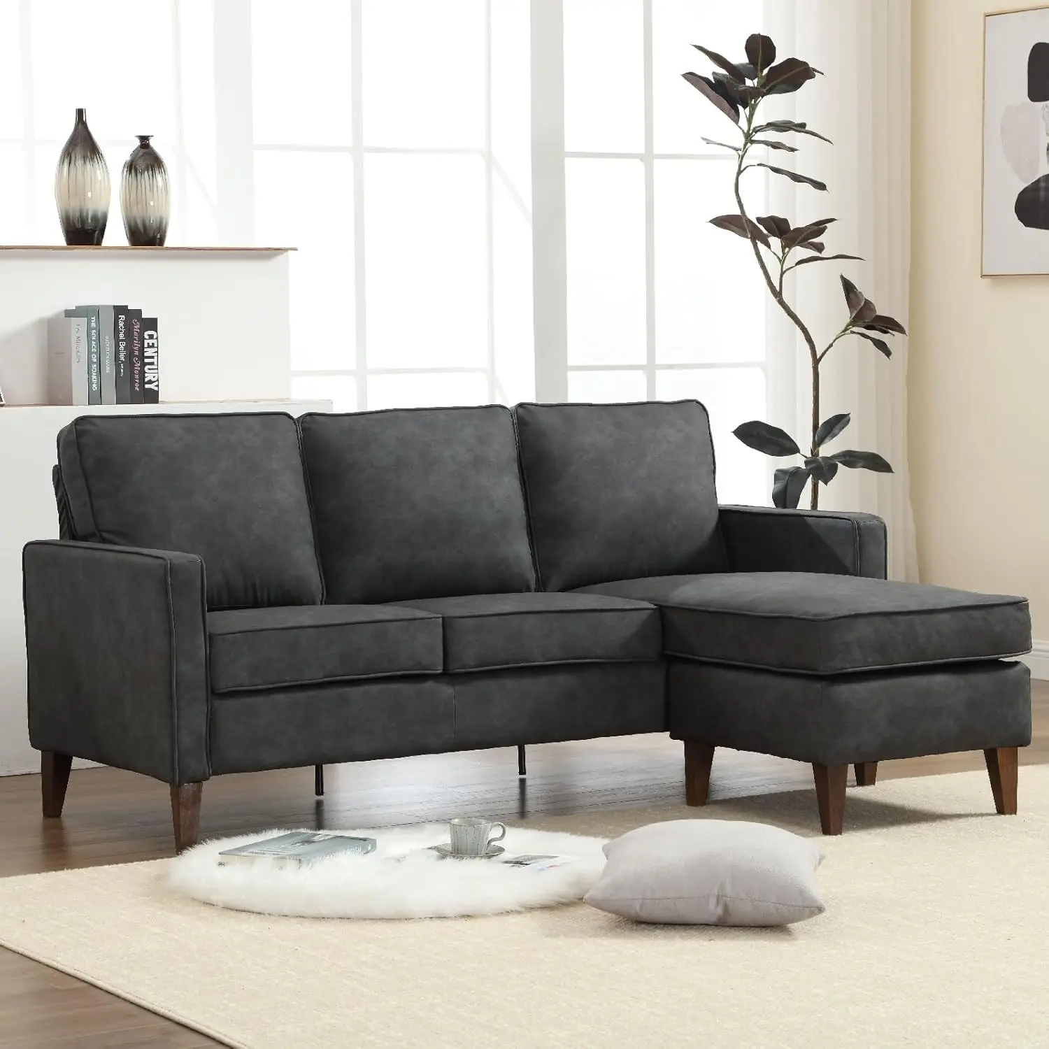 EBELLO Sturdy Classic L-Shape Sectional Sofa - 3-Seater with Reversible Chaise, Durable Solid Wood Frame, High Resilience Springs, Easy Install for Apartment Living Room, Brown