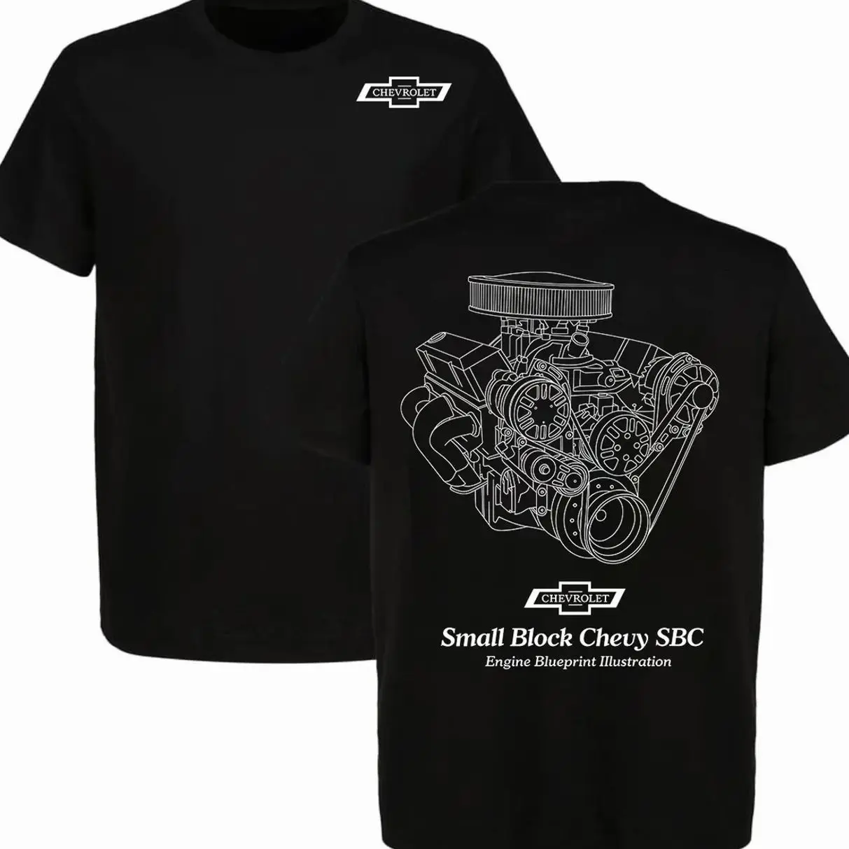 Small Block Chevy SBC Engine Blueprint Illustration T-shirt – Detailed Muscle Car Design, Premium Cotton, Perfect for Chevy Fans & Engine Enthusiasts, Vintage Style NC