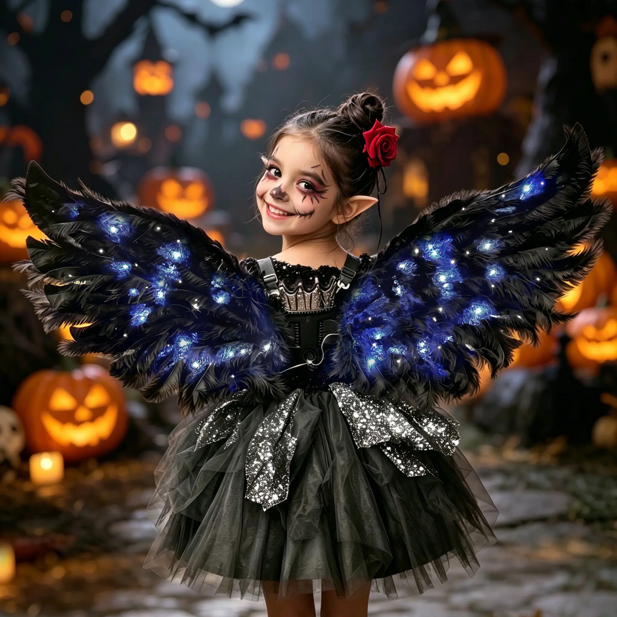 Electric Angel Fairy Wings Dress Up Toy for Girls, Light Up Moving Feather Wings Costume with LED Lights & Music, Kids Role Play Pretend Play Costume Gift Ages 4-16, Birthday Halloween Christmas Party, Wing Size 80 x 45 cm