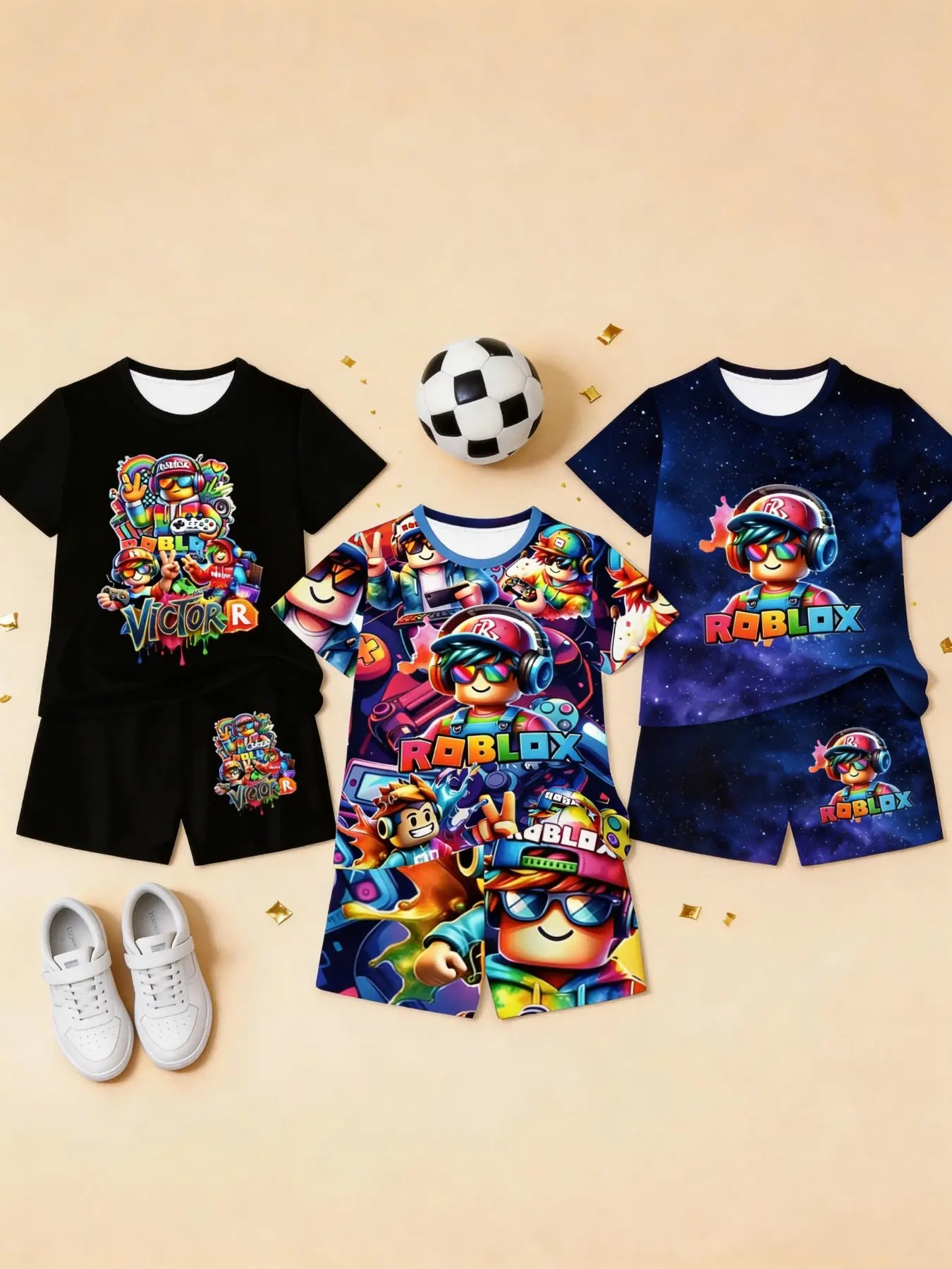 Boys' Roblox Three-Piece Youth Kits Sports Set, Summer Clothing Set, Graphic Print Set, Full Print Short Sleeve Shorts, Casual Fashion Outdoor Wear, Birthday Gift, Holiday Gift