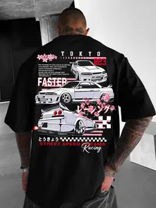 Trendy Street Style Sakura Racing Print Short Sleeve Tee, Comfortable Round Neck T-Shirt, Artistic Graphic Design, Summer Casual Essential