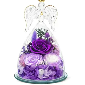TranquilBliss Gifts for Mom, Flowers for Mother’s Day, Preserved Rose in Glass Dome with Light, Angel Figurines for Her Birthday, Valentine’s Day for Wife, Grandma, Women - Purple