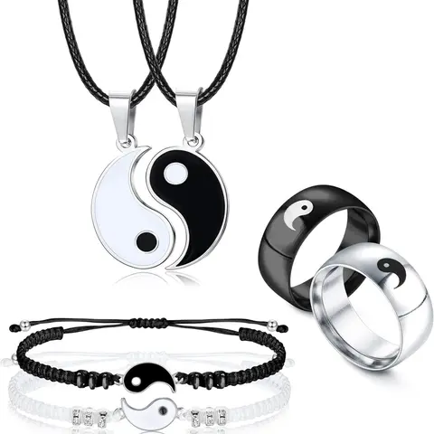 6 Piece Yin Yang Necklace Bracelet Ring Set, Trendy Jewelry Set, Accessories Set, Jewellery Gift Set, Couples Matching Jewelry for Him & Her, Perfect Valentine's Day Gift for Boyfriend & Girlfriend