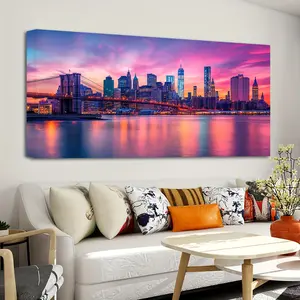 1.5 inch thick solid pine wood frame, Brooklyn Bridge Mural, New York Night Scene Image, Modern Manhattan Skyline Photo, Living Room and Office Decor