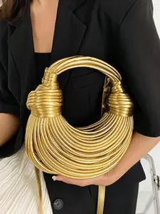 Fashion Gold Woven Bag Decoration Design Retro Heavy Shoulder Bag, Rope Knotted Pulled Noodle Crossbody Bag, Ladies' Purse, Hobo Handbag, Suitable For Shopping, Commuting To Work, Party Gathering and Daily Used