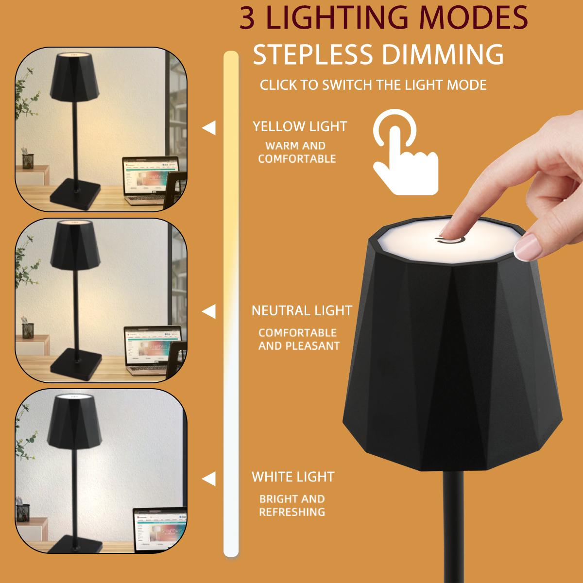 1PC Rechargeable Wireless Table Lamp, Portable LED Desk Lamp with 3 Color Modes & Stepless Dimming, Ideal for Bedroom, Desk, Cafe, Terrace, Romantic Dinner & Home Holiday Decor